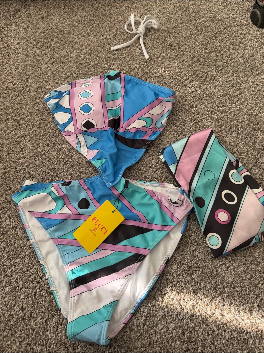 Emilio Pucci Pastel Blue Pink Mint Geometric One-Piece with Scarf
